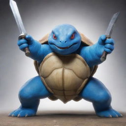 A powerful image of a turtle Pokemon, like a Blastoise, wielding twin swords, ready for a fierce tanglement