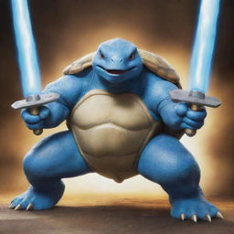 A powerful image of a turtle Pokemon, like a Blastoise, wielding twin swords, ready for a fierce tanglement