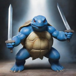 A powerful image of a turtle Pokemon, like a Blastoise, wielding twin swords, ready for a fierce tanglement