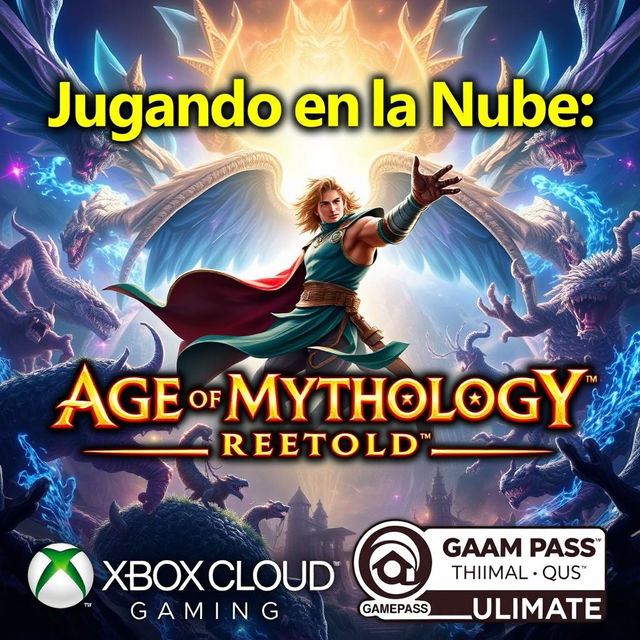 A vibrant and eye-catching thumbnail for a YouTube video titled ‘Jugando en la Nube: Age of Mythology: Retold | Gameplay | Xbox Cloud Gaming | Game Pass Ultimate’