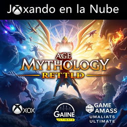A vibrant and eye-catching thumbnail for a YouTube video titled ‘Jugando en la Nube: Age of Mythology: Retold | Gameplay | Xbox Cloud Gaming | Game Pass Ultimate’