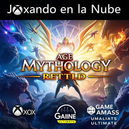 A vibrant and eye-catching thumbnail for a YouTube video titled ‘Jugando en la Nube: Age of Mythology: Retold | Gameplay | Xbox Cloud Gaming | Game Pass Ultimate’