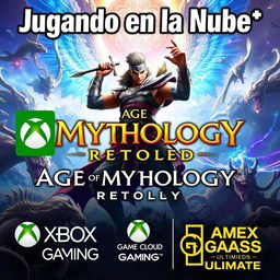 A vibrant and eye-catching thumbnail for a YouTube video titled ‘Jugando en la Nube: Age of Mythology: Retold | Gameplay | Xbox Cloud Gaming | Game Pass Ultimate’