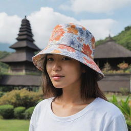 A bucket hat design with a minimalist motif: a few iconic Balinese flowers balanced with distinctive Balinese buildings and cultural symbols