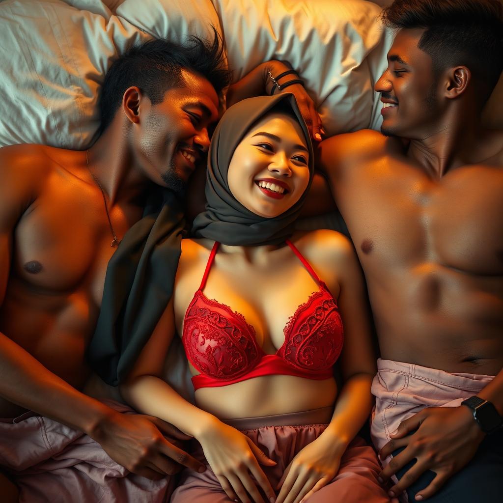 A vibrant and intimate scene featuring a Chinese woman wearing an elegant hijab along with a striking red bra, exhibiting a tipsy, cheerful expression while lying on a plush bed