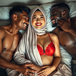 A vibrant and intimate scene featuring a Chinese woman wearing an elegant hijab along with a striking red bra, exhibiting a tipsy, cheerful expression while lying on a plush bed