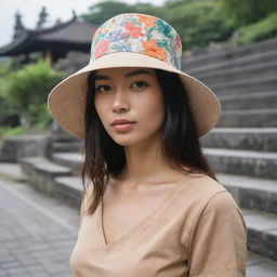 A bucket hat design with a minimalist motif: a few iconic Balinese flowers balanced with distinctive Balinese buildings and cultural symbols