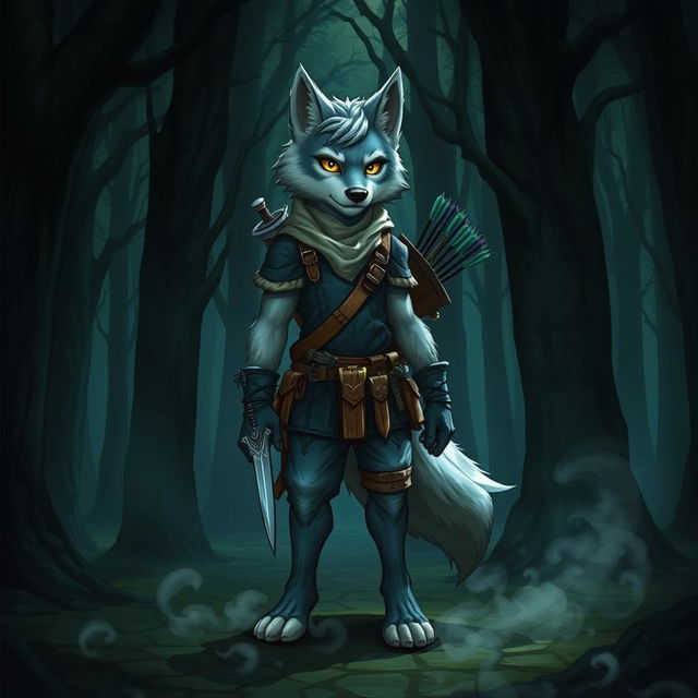 A teenage wolf character in a Dungeons & Dragons setting, standing confidently in a dark, mysterious forest