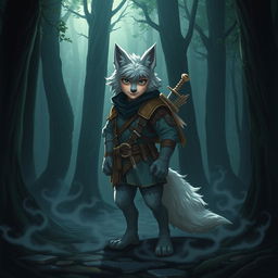 A teenage wolf character in a Dungeons & Dragons setting, standing confidently in a dark, mysterious forest