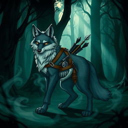 A teenage wolf character in a Dungeons & Dragons setting, standing confidently in a dark, mysterious forest