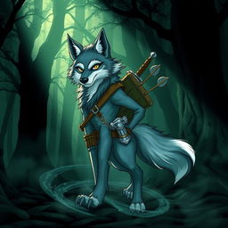 A teenage wolf character in a Dungeons & Dragons setting, standing confidently in a dark, mysterious forest