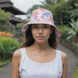 A bucket hat design with a minimalist motif: a few iconic Balinese flowers balanced with distinctive Balinese buildings and cultural symbols