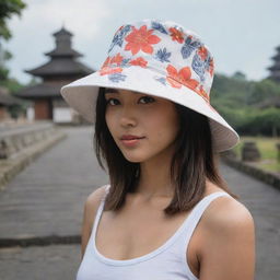 A bucket hat design with a minimalist motif: a few iconic Balinese flowers balanced with distinctive Balinese buildings and cultural symbols