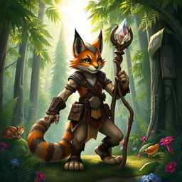 A detailed depiction of a Dungeons & Dragons lynx character, anthropomorphic in design, featuring fur with intricate patterns, wearing Adventurer gear such as leather armor adorned with mystical runes, and wielding a rustic wooden staff with a glowing crystal at the top