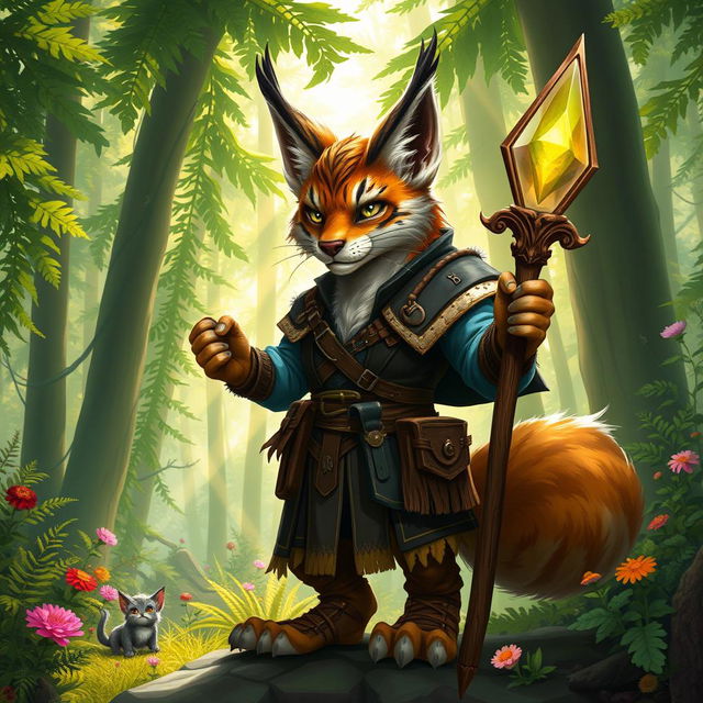 A detailed depiction of a Dungeons & Dragons lynx character, anthropomorphic in design, featuring fur with intricate patterns, wearing Adventurer gear such as leather armor adorned with mystical runes, and wielding a rustic wooden staff with a glowing crystal at the top