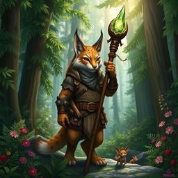 A detailed depiction of a Dungeons & Dragons lynx character, anthropomorphic in design, featuring fur with intricate patterns, wearing Adventurer gear such as leather armor adorned with mystical runes, and wielding a rustic wooden staff with a glowing crystal at the top