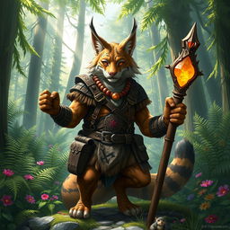 A detailed depiction of a Dungeons & Dragons lynx character, anthropomorphic in design, featuring fur with intricate patterns, wearing Adventurer gear such as leather armor adorned with mystical runes, and wielding a rustic wooden staff with a glowing crystal at the top