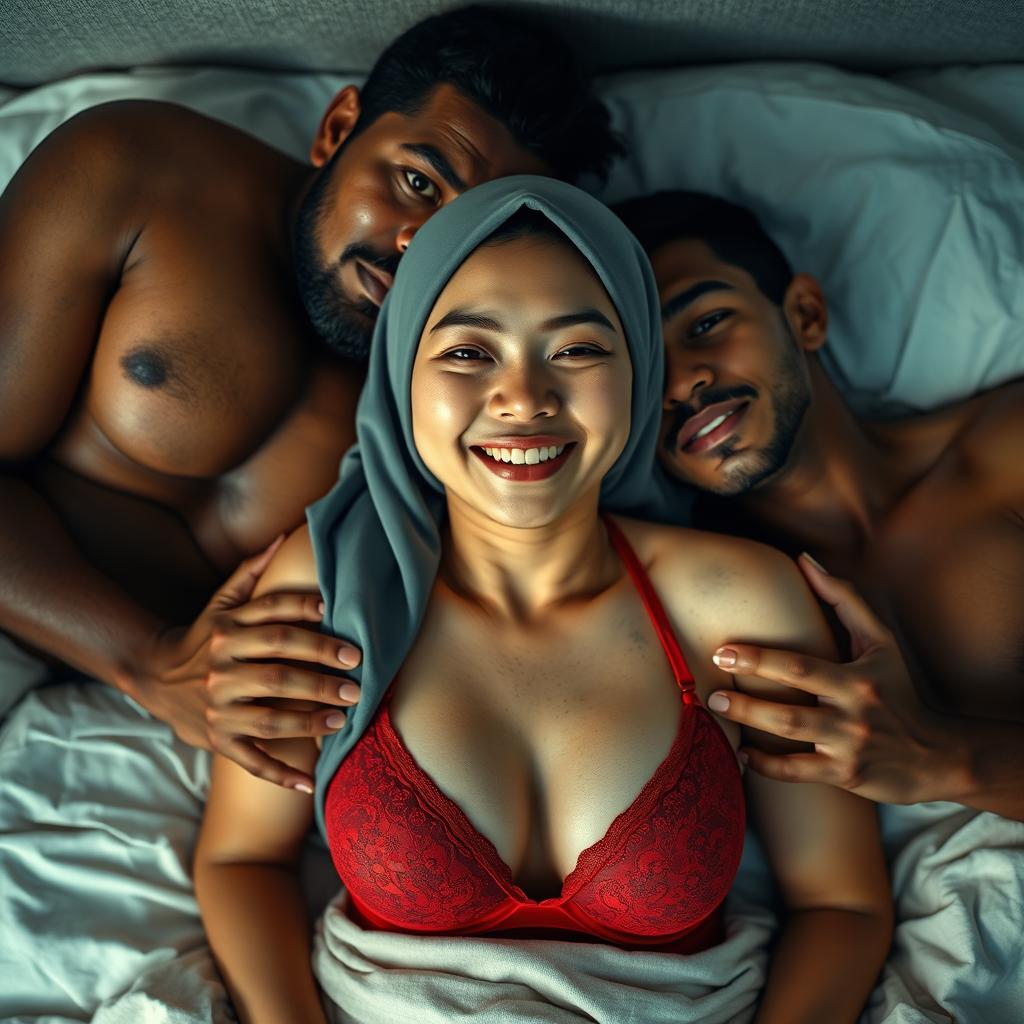 A candid and intimate scene featuring a Chinese woman with no makeup, wearing an elegant hijab and a vibrant red bra, showcasing a tipsy and joyful expression while lying on a cozy bed