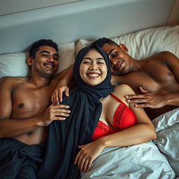 A candid and intimate scene featuring a Chinese woman with no makeup, wearing an elegant hijab and a vibrant red bra, showcasing a tipsy and joyful expression while lying on a cozy bed