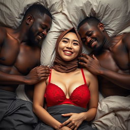 A candid and intimate scene featuring a Chinese woman with no makeup, wearing an elegant hijab and a vibrant red bra, showcasing a tipsy and joyful expression while lying on a cozy bed