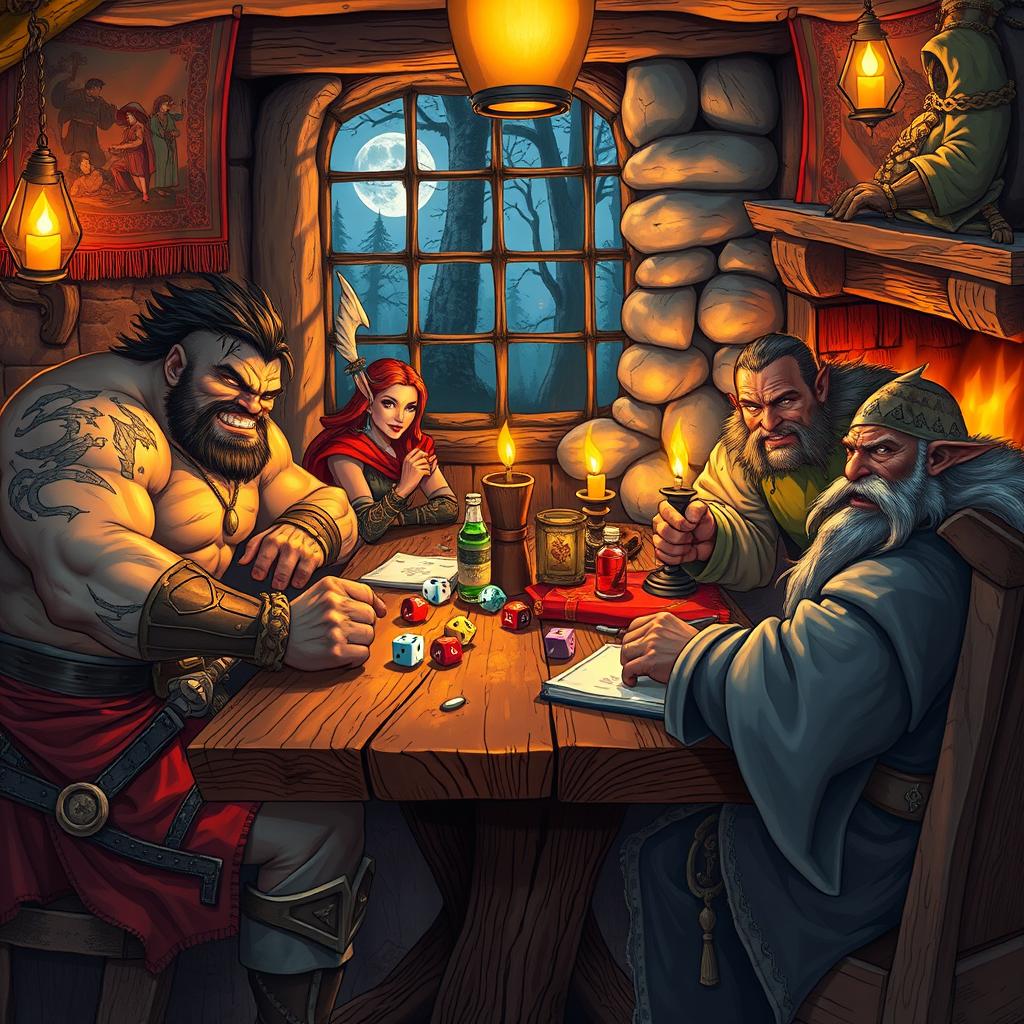 A vibrant and intricate scene depicting a fantasy Dungeons & Dragons lifestyle, featuring a diverse group of adventurers around a rustic wooden tavern table