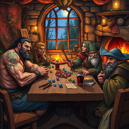 A vibrant and intricate scene depicting a fantasy Dungeons & Dragons lifestyle, featuring a diverse group of adventurers around a rustic wooden tavern table