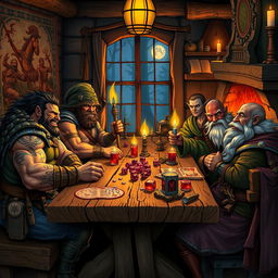 A vibrant and intricate scene depicting a fantasy Dungeons & Dragons lifestyle, featuring a diverse group of adventurers around a rustic wooden tavern table