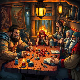 A vibrant and intricate scene depicting a fantasy Dungeons & Dragons lifestyle, featuring a diverse group of adventurers around a rustic wooden tavern table