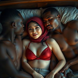 A captivating scene featuring a Chinese woman with a natural beauty and a subtly alluring expression, wearing an elegant hijab along with a striking red bra