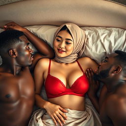 A captivating scene featuring a Chinese woman with a natural beauty and a subtly alluring expression, wearing an elegant hijab along with a striking red bra