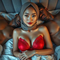 A captivating scene featuring a Chinese woman with a natural beauty and a subtly alluring expression, wearing an elegant hijab along with a striking red bra