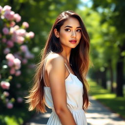 A hot woman with long flowing hair, wearing a stylish summer dress, looking away thoughtfully while standing in a sunlit park full of greenery