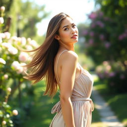 A hot woman with long flowing hair, wearing a stylish summer dress, looking away thoughtfully while standing in a sunlit park full of greenery