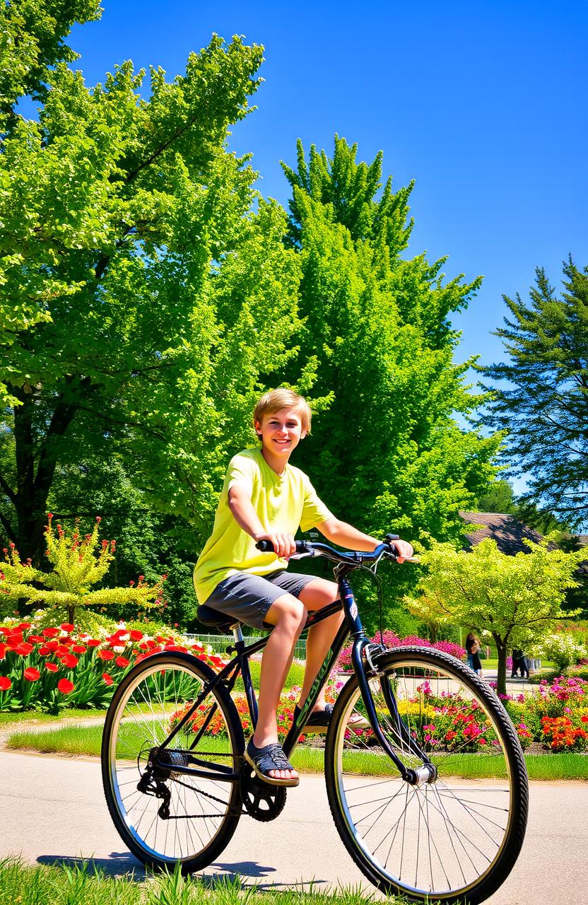 A teenage boy riding a bicycle through a vibrant park, surrounded by lush green trees and colorful flowers