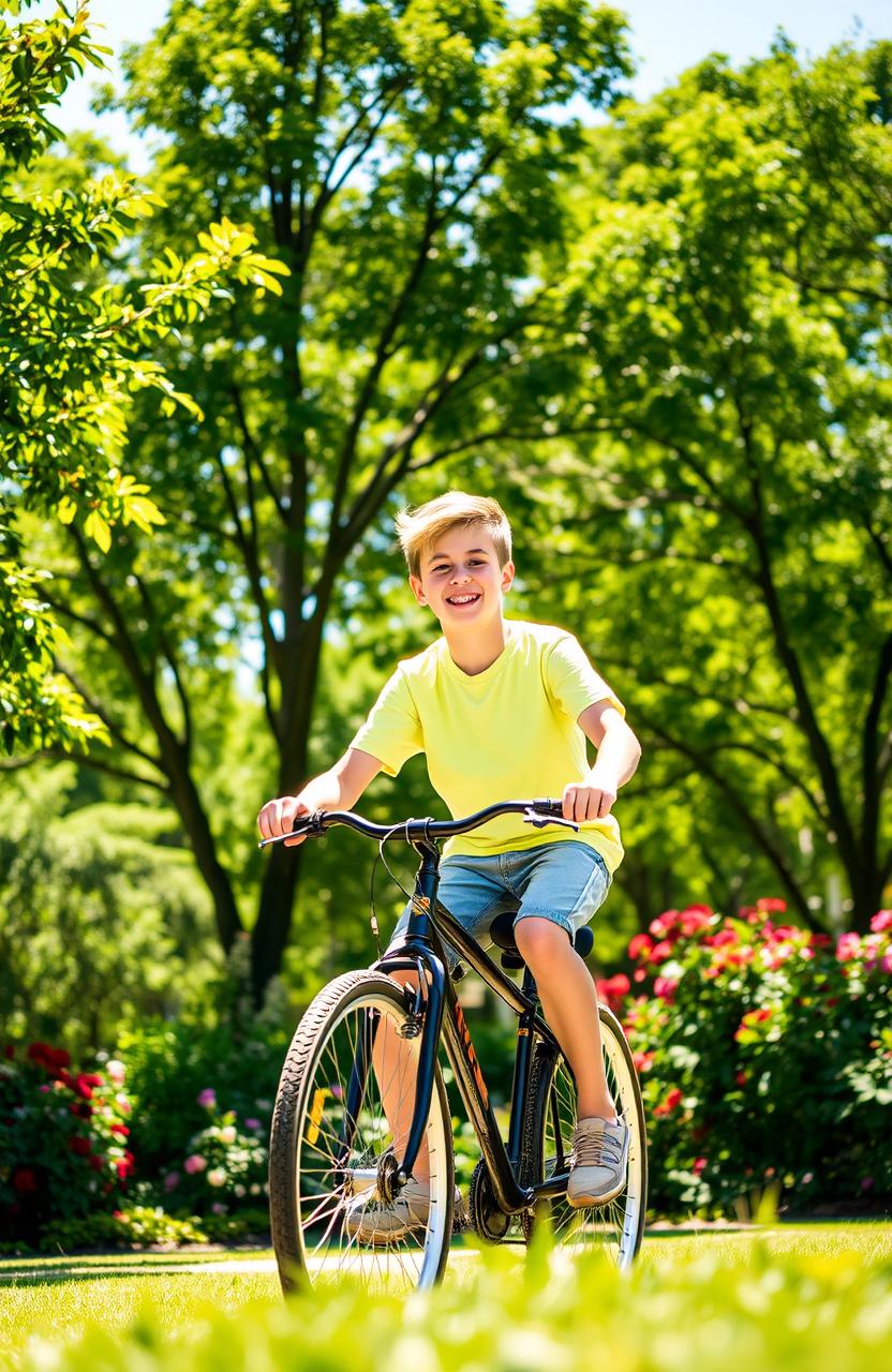 A teenage boy riding a bicycle through a vibrant park, surrounded by lush green trees and colorful flowers