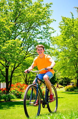 A teenage boy riding a bicycle through a vibrant park, surrounded by lush green trees and colorful flowers