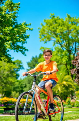 A teenage boy riding a bicycle through a vibrant park, surrounded by lush green trees and colorful flowers