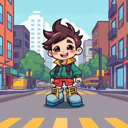 A small pixel art character designed for a city exploration game, featuring a unique outfit with bright colors and a cheerful expression