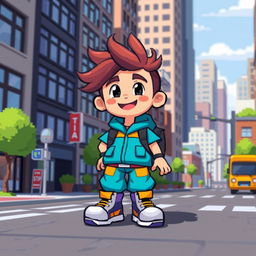 A small pixel art character designed for a city exploration game, featuring a unique outfit with bright colors and a cheerful expression