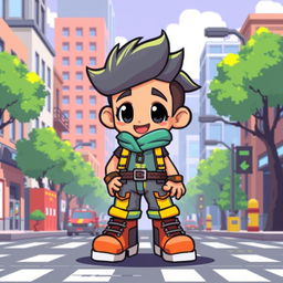 A small pixel art character designed for a city exploration game, featuring a unique outfit with bright colors and a cheerful expression