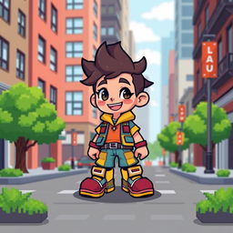 A small pixel art character designed for a city exploration game, featuring a unique outfit with bright colors and a cheerful expression