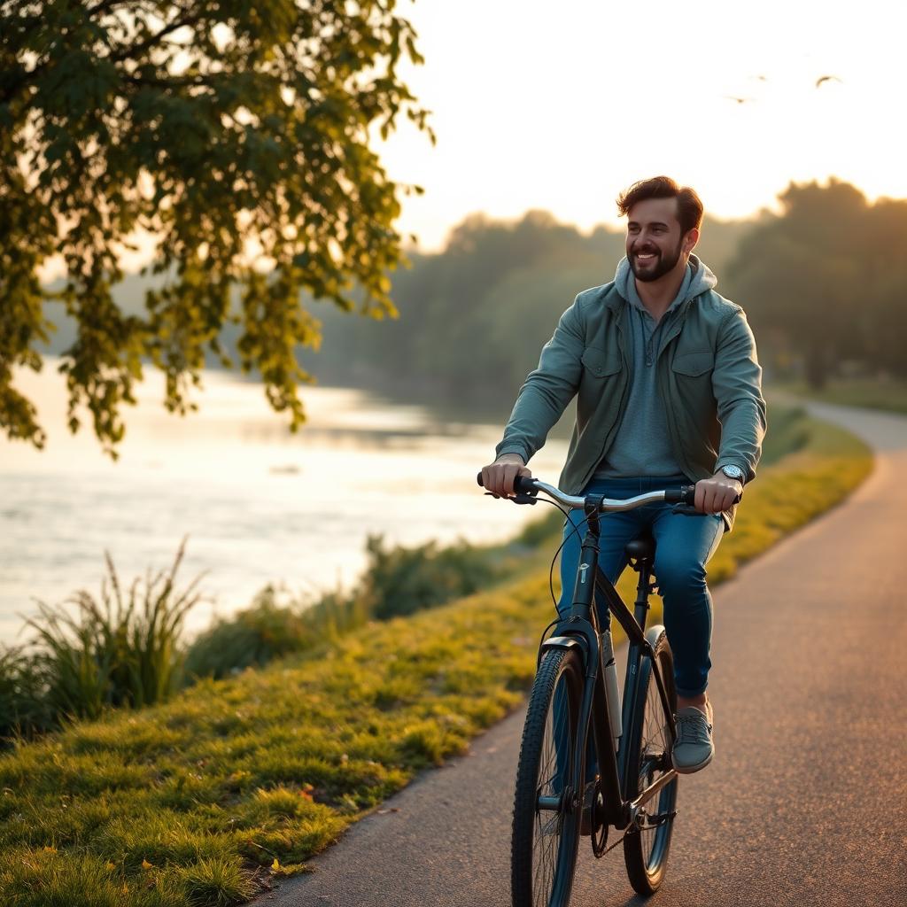 A man riding a bicycle along a scenic riverside path, dressed in a casual outfit including a light jacket and jeans