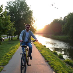 A man riding a bicycle along a scenic riverside path, dressed in a casual outfit including a light jacket and jeans