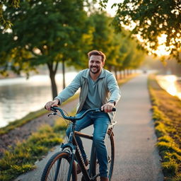 A man riding a bicycle along a scenic riverside path, dressed in a casual outfit including a light jacket and jeans