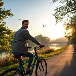 A man riding a bicycle along a scenic riverside path, dressed in a casual outfit including a light jacket and jeans