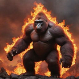 An intense image of a fire-themed gorilla Pokemon, possibly an interpretation of Infernape, exuding fiery energy in a volcanic environment