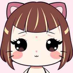 A cute cartoon character inspired by Hello Kitty, featuring bangs and straight brown hair with blonde strands woven throughout