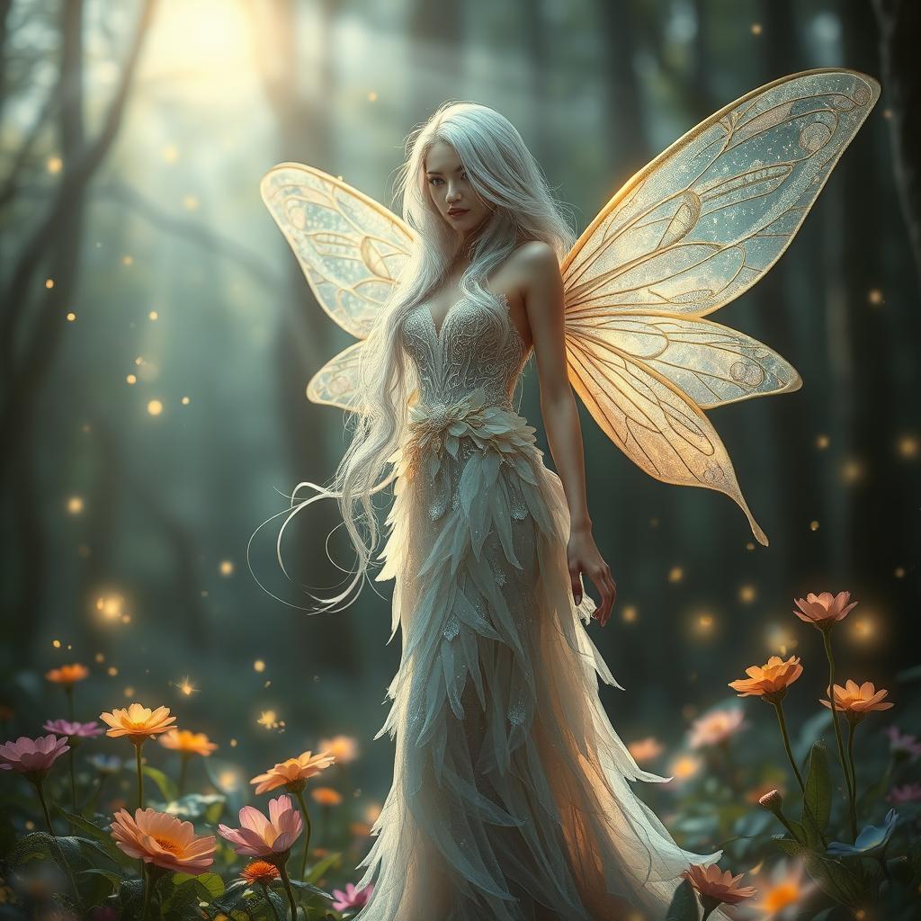 A stunning, ethereal portrait of an elegant fairy, with long flowing silvery hair sparkling like stars under moonlight