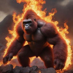 An intense image of a fire-themed gorilla Pokemon, possibly an interpretation of Infernape, exuding fiery energy in a volcanic environment