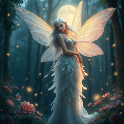 A stunning, ethereal portrait of an elegant fairy, with long flowing silvery hair sparkling like stars under moonlight